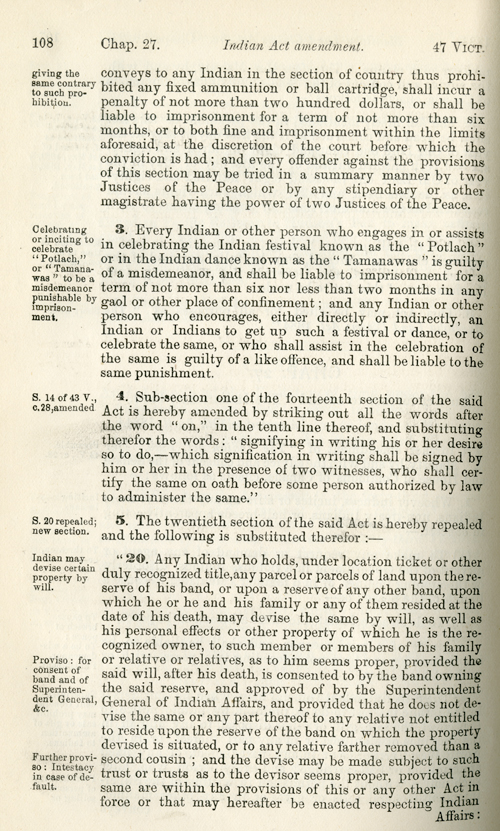 Page 108 de l’amendement à la Loi sur les Indiens interdisant les munitions et les Potlachs, et restreignant le transfert de propriété.