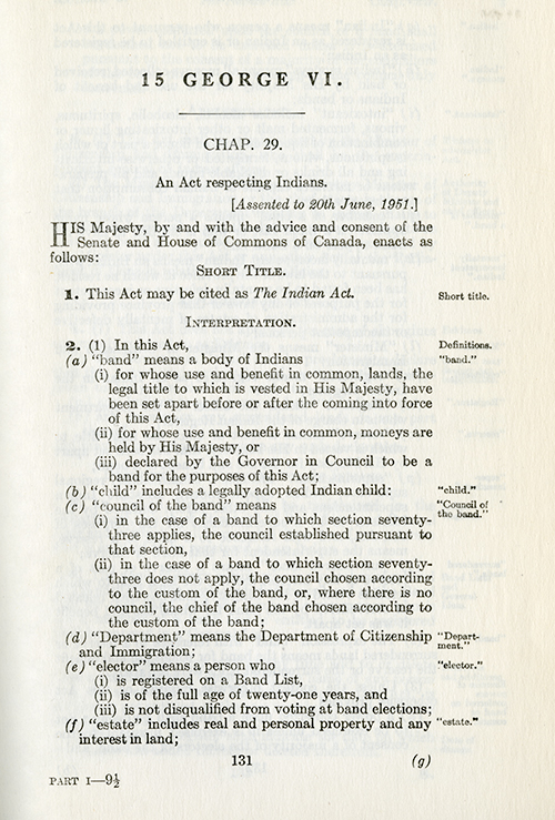 Page 131 de la Loi concernant les Indiens de 1951, qui comprend les définitions de « bande », « enfant », « conseil de bande », « ministère », « électeur » et « domaine ».