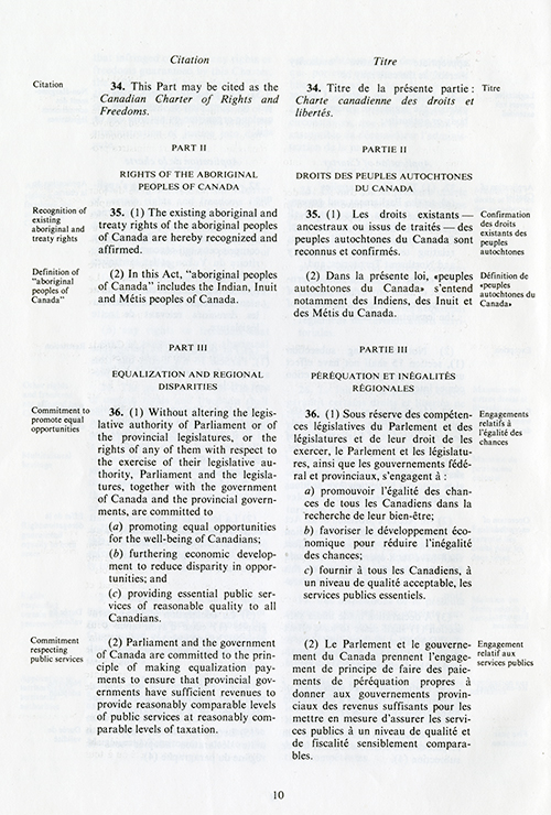 Page 10 d’un document sans titre en anglais et en français traitant des droits des peuples autochtones du Canada ainsi que de la péréquation et des disparités régionales.