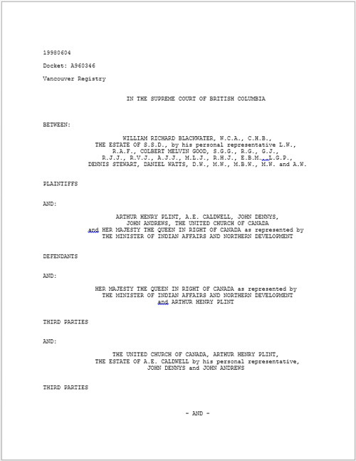 Page du registre de Vancouver concernant l’audience de la Cour suprême dans l’affaire des survivants contre la Reine et l’Église unie du Canada.