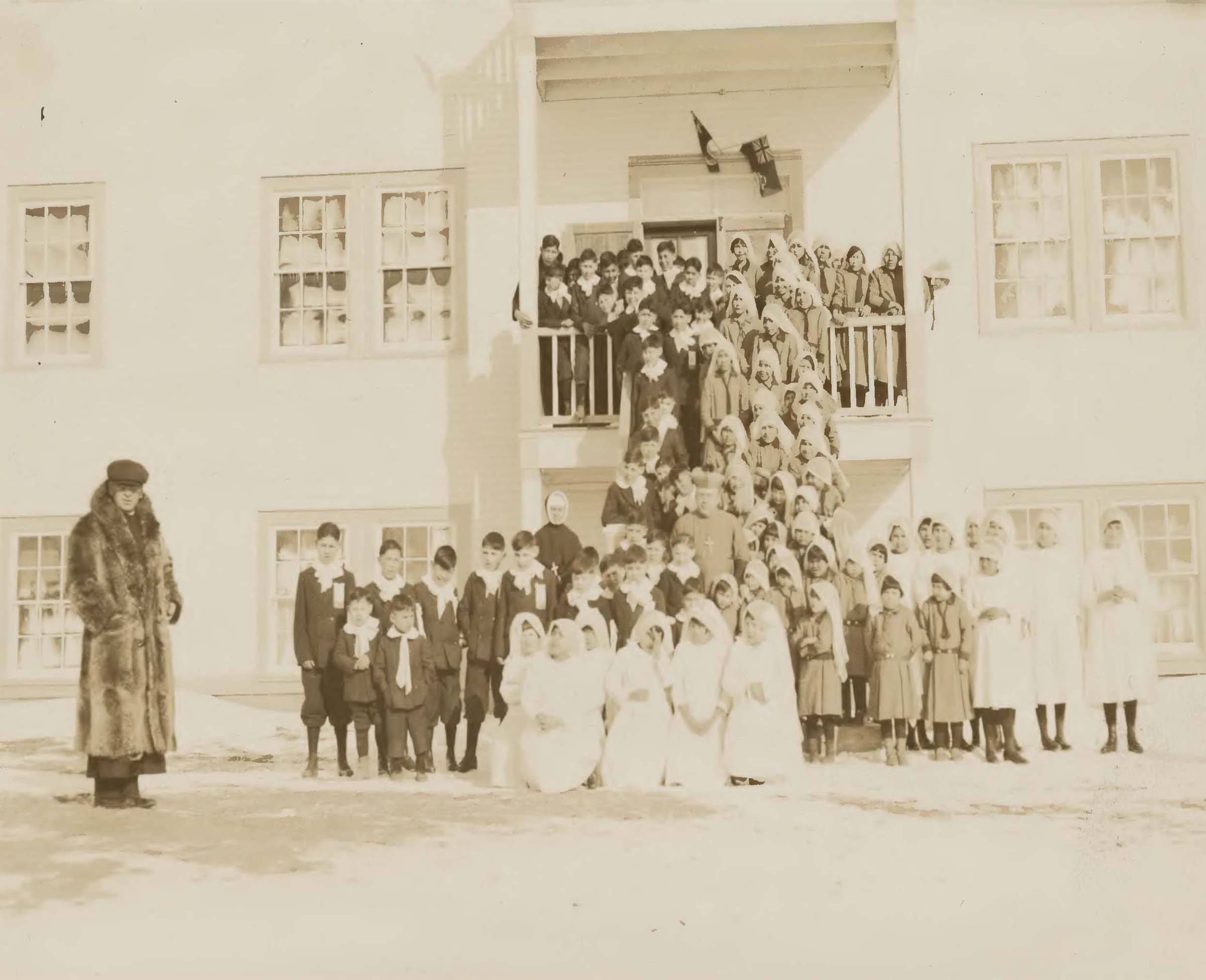 Students and teachers outside Desmarais St. Martins school