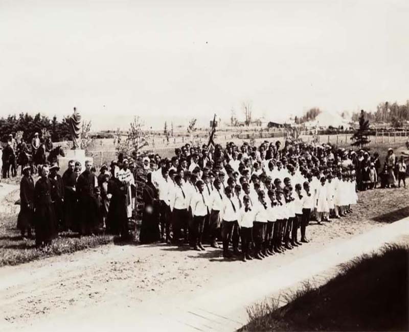 Group of students and teachers outside at Joussard St. Brunos