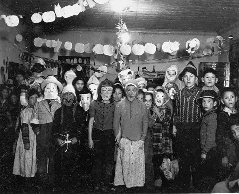 Group of students dressing up in costumes at Lac la Ronge school 