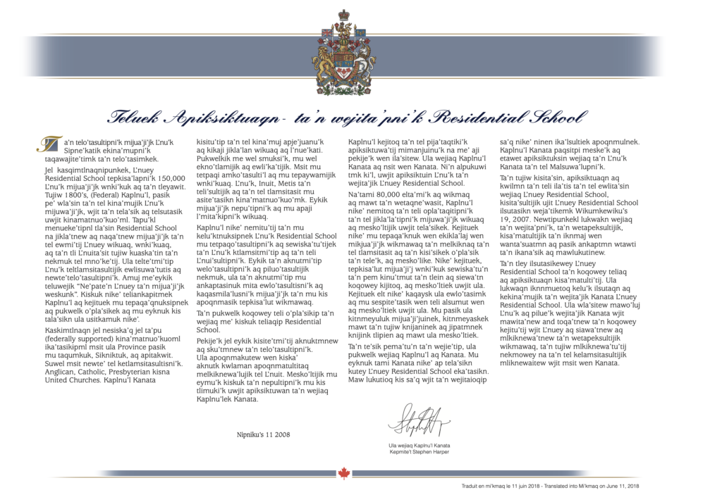 PDF of Indian Residential School Apology in Mi’kmaq.
