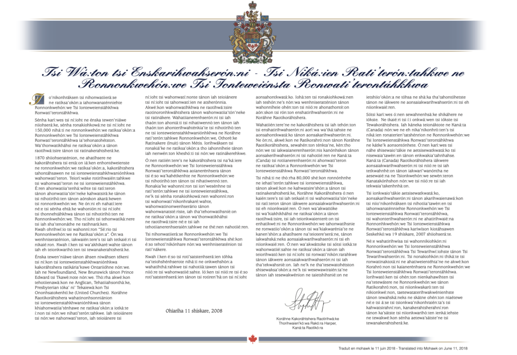 PDF of Indian Residential School Apology in Mohawk.