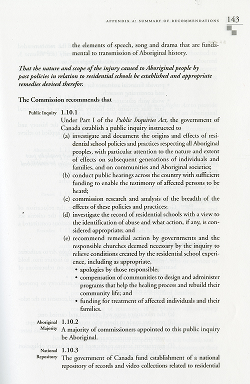Page du sommaire des recommandations de la Commission de vérité et réconciliation concernant une enquête publique.