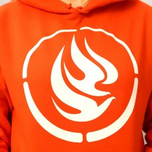 Image du produit d’un sweat-shirt à capuchon orange avec le logo CNVR en blanc sur le devant.