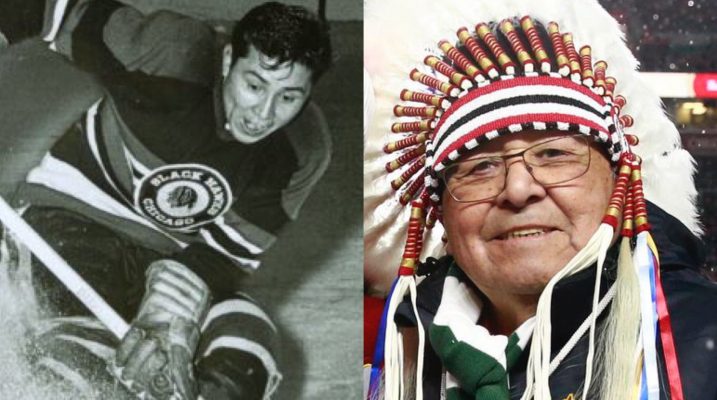 Side by side photos Fred Sasakamoose as a Chicago Blackhawk player and a Cree Nation Chief.