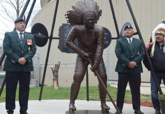 Fred Sasakamoose statue in Saskatoon