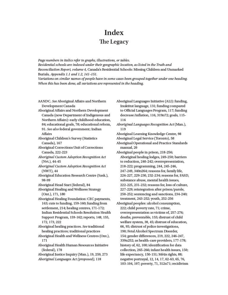Cover for document "Index for Canada’s Residential Schools: The Legacy"