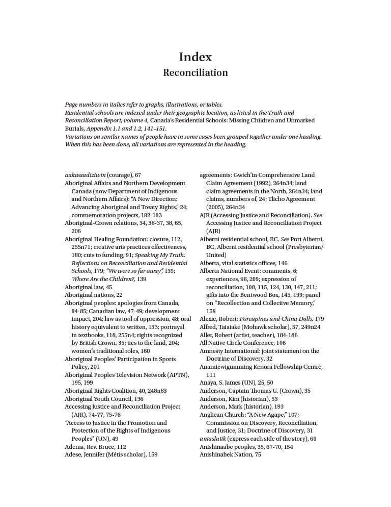 Cover for document "Index for Canada’s Residential Schools: Reconciliation"