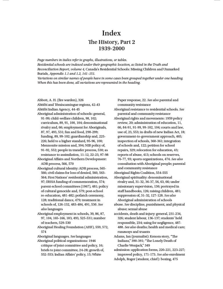 Cover for document "Index for Canada's Residential Schools" the History, Part 2"