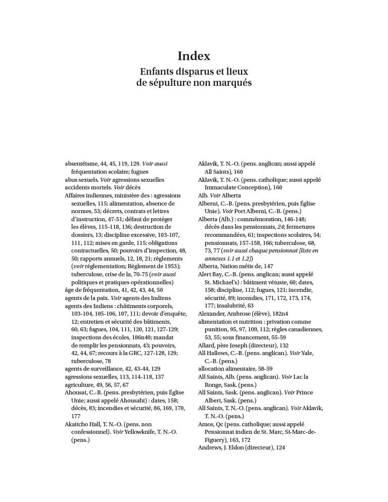 Couverture du document "Index pour le Pensionnats du Canada : Enfants disparus et lieux
                de sépulture non marqués"