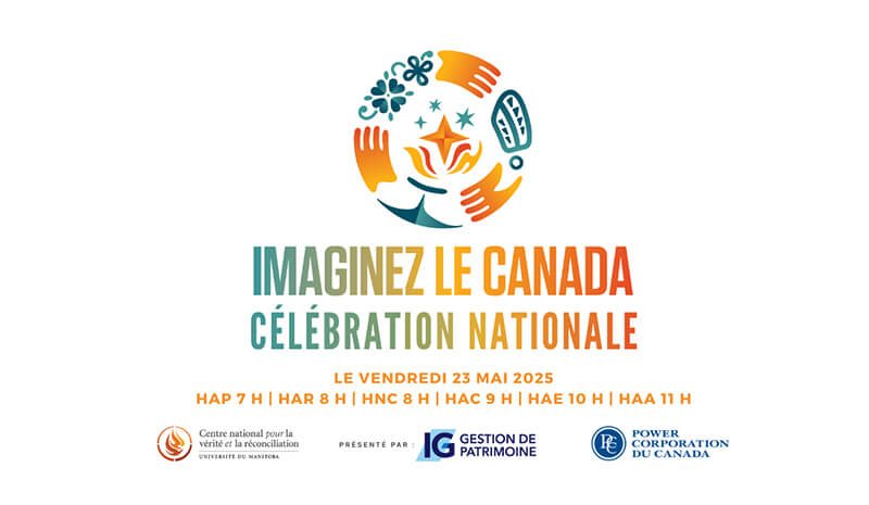 Logo Imaginez le Canada sur un fond coloré, avec un dessin symbolique autochtone. Présenté par le Centre national pour la vérité et la réconciliation et IG Wealth Management.
