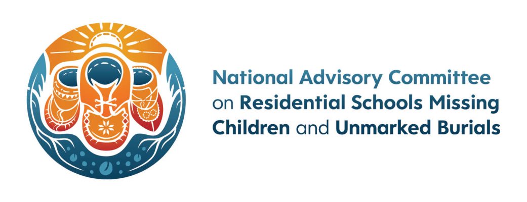 A logo for the National Advisory Committee on Residential Schools Missing Children and Unmarked Burials. The design features three moccasins, representing First Nations, Inuit and Métis children, in the center of a circle.